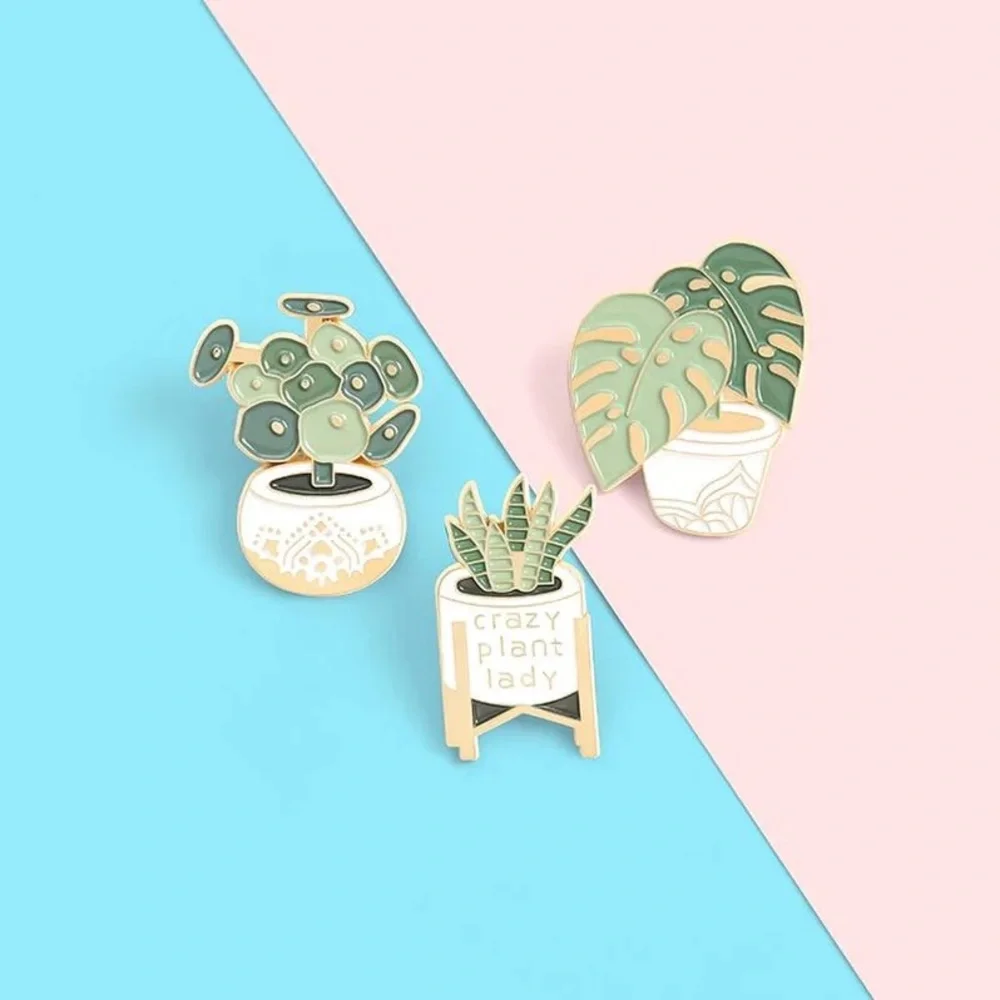 Boho Potted Snake Plant On A Stand “Crazy Plant Lady” Metal Enamel Pin Brooch - Picture 9 of 13